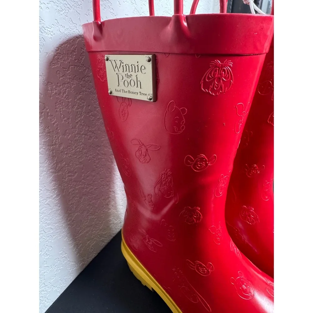 Disney Winnie the Pooh Rain Boots Womens 7 Red Yellow Embossed Character New